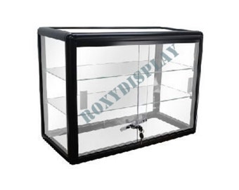 Black Framed Tempered Glass Counter Top Display Case with Shelves and Lock #KDTOP-BK