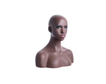 African American Female Adult Fiberglass Head Bust Display with Realistic Face #S1