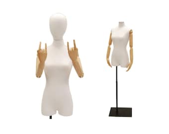 Adult Female Faceless Pinnable White Linen Mannequin Dress Form Torso with Flexible Arms and Removable Head #F1WLARM