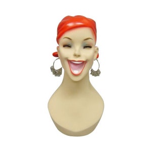 Artistic Vintage Fiberglass Adult Female Smiling Costume Mannequin Head with Red Molded Hair (2 Pack) #Y5