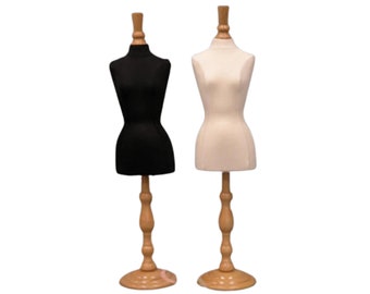 Miniature Female Jewelry Mannequin Pinnable Dress Form Display Set with Wooden Base and Neck Topper #MN01-2