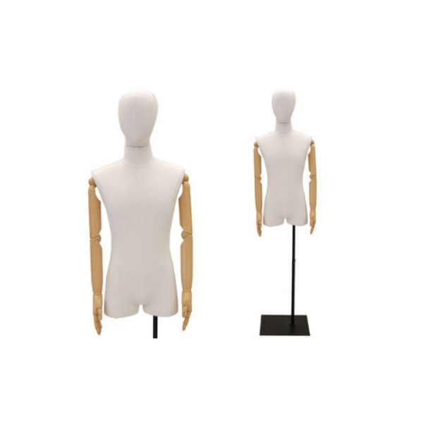 White Linen Male Dress Form Body Form Mannequin with Articulated Arms and Removable Head - Base Included #M1WLARM