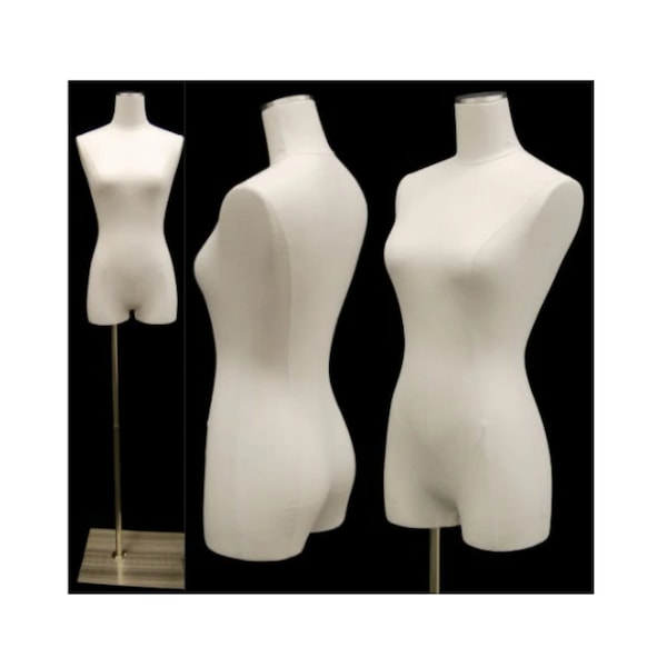 Adult Female Pinnable White Linen Mannequin Dress Form Torso with Thighs and Base #F1WL