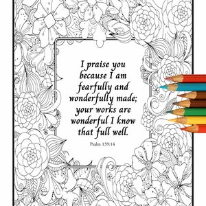Psalm 139:14, I Praise You Because I Am Fearfully and Wonderfully Made, Printable Bible Verse Coloring,  Scripture Page, Christian Wall Art