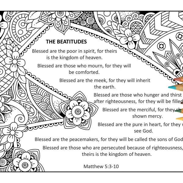 The Beatitudes, Matthew 5:3-10, Sermon on the Mount, The Eight Beatitudes of Jesus, Bible Verse Coloring Printable, Scripture Page