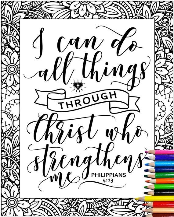 Printable Bible Verse Coloring Philippians 4 13 Scripture Etsy