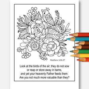 Puede incluir: Una página para colorear en blanco y negro con un diseño floral y un pájaro posado en una rama. El texto "Mateo 6:26-27" y la cita "Mirad las aves del cielo: no siembran, ni siegan, ni recogen en graneros; y vuestro Padre celestial las alimenta. ¿No valéis vosotros mucho más que ellas?" están incluidos.