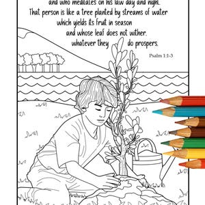 Salmo 1:1-3, Beato l'uomo che trova la sua gioia nella legge del Signore, Pagina da colorare con versi della Bibbia stampabili, Scritture da colorare, Arte cristiana