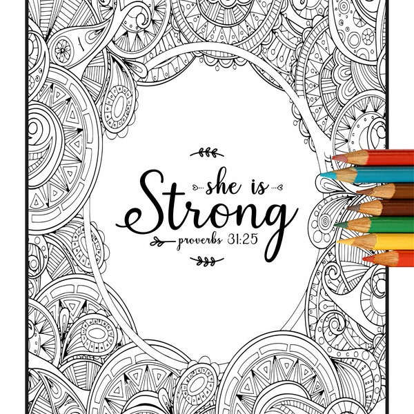 Proverbs 31:25. She is Strong, Printable Bible Verse Coloring, Scripture Coloring Page, Mother's Day Gift, Friend Birthday Gift, Wall Art