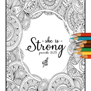 Proverbs 31:25. She is Strong, Printable Bible Verse Coloring, Scripture Coloring Page, Mother's Day Gift, Friend Birthday Gift, Wall Art