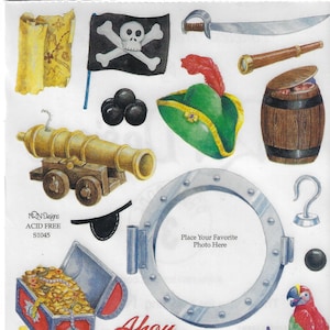 May include: A set of pirate-themed stickers featuring a treasure chest, a cannon, a pirate flag, a parrot, a spyglass, a hat, a barrel, a ship's wheel, and a plank. The stickers are printed on white paper with a light blue background.