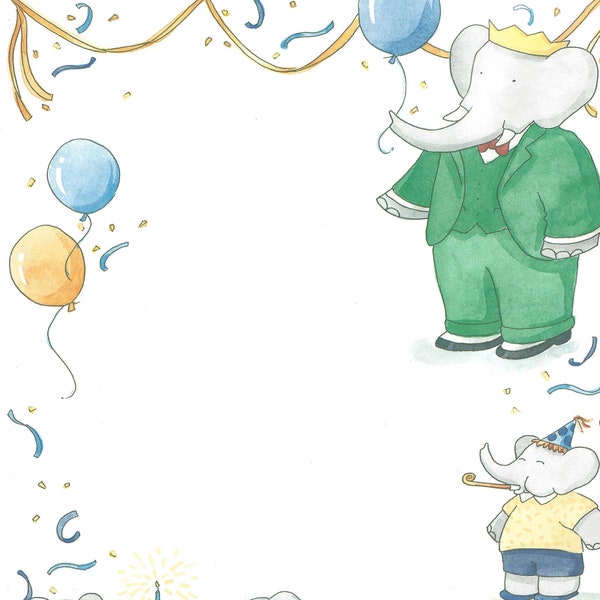 Babar's Birthday by Autumn Leaves ~ 8.5 x 11 ~ Birthday Stationary ~ Babar the Elephant ~ Babar's Birthday ~ Writing Paper