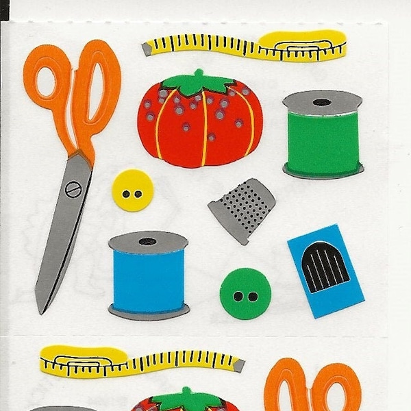 Mrs. Grossmans Sewing stickers ~ Needles ~ Thread Spool ~ Scissors ~ Measuring Tape ~ Thimble ~ Pin Cushion ~ Buttons ~ HTF ~ Rare Find