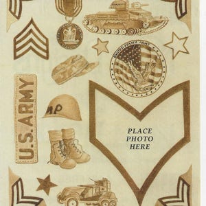 May include: A sheet of brown paper with military-themed stickers. The stickers include a tank, a soldier's hat, boots, a medal, a chevron, and a banner that says "U.S. ARMY".