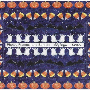 May include: A rectangular Halloween-themed design with a dark blue background and white speckles. The border features orange pumpkins, candy corn, black bats, and white ghosts. The text "Photos Frames and Borders" is visible.