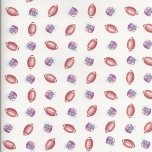 May include: A white background with a repeating pattern of purple football helmets and brown footballs.