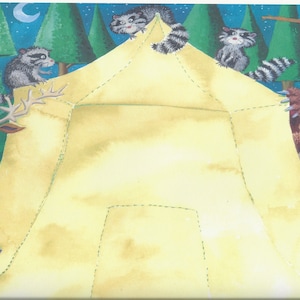 May include: A yellow tent with a brown bear, two raccoons, and a deer peeking out from behind it. The tent has a flap open and the animals are looking out.