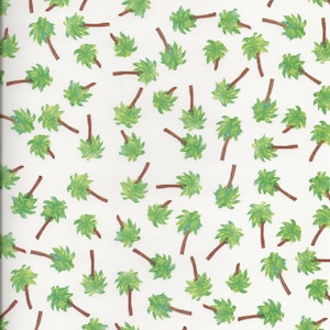 May include: A white background with a repeating pattern of green palm trees. The palm trees are all the same size and shape, and they are arranged in a random pattern.