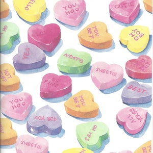 May include: A collection of heart-shaped candy with various colors and messages, including "You Hoo", "You Bet", "So Fine", "Sweetie", "Best", "All Yours", "Oh Yes", "Hello", "Boy Ho", "Cutie", "So Sweet", "For You", "Neat", "Yea", "Love", "Hot Stuff", and "You Bet".