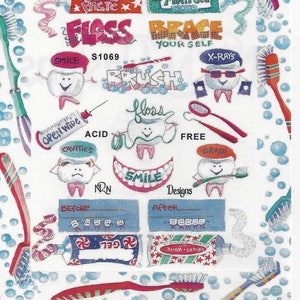 May include: A colorful illustration of a tooth with a toothbrush, toothpaste, and floss. The illustration includes the words "Cool Paste", "Minty Gel", "Floss", "Brace Your Self", "Smile", "Brush", "Open Wide", "Acid", "Cavities", "Floss", "Free", "Brush", "Smile", "Designs", "Before", "After", and "Bright White Gel".