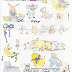 May include: A set of baby boy stickers featuring a variety of cute animals, including a bunny, a lamb, a dog, a duck, and a bear. The stickers are perfect for decorating a nursery or a baby's room. The stickers are acid free and come in a variety of colors, including blue, yellow, and white.