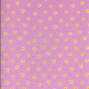 May include: A pink background with a repeating pattern of yellow hearts and small blue dots.