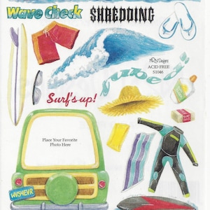May include: A set of colorful stickers featuring a green van with a blank space for a photo, a surfboard, a wave, a straw hat, a wetsuit, a pair of flip flops, a pair of sunglasses, a tube of sunscreen, a bar of surf wax, and the text "Wave Check Shredding" and "Surf's up!"