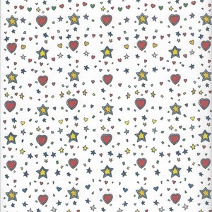May include: A white background with a repeating pattern of red hearts, yellow stars, and blue stars. The hearts and stars are outlined in black.