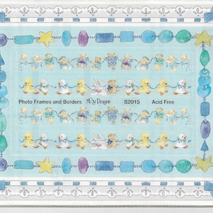 May include: A blue and white patterned paper with a border of blue beads and stars. The paper has the text "Photo Frames and Borders", "NRN Designs", "S2015", and "Acid Free" printed on it.