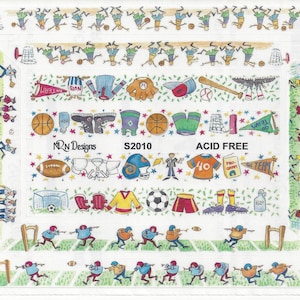 May include: A watercolor illustration featuring various sports equipment and athletes. The design includes baseballs, basketballs, footballs, soccer balls, and sports uniforms. The text "NRN Designs S2010 ACID FREE" is also present.
