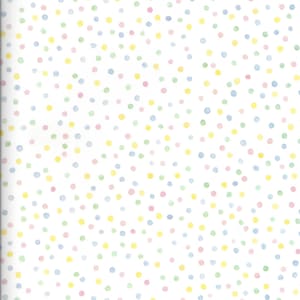 May include: A white background with a repeating pattern of small, colorful dots. The dots are in shades of pink, blue, yellow, and green.