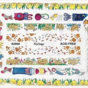 May include: A colorful illustration of a camping scene with a variety of icons, including a tent, a campfire, a hiking boot, a backpack, a fishing rod, a deer, a bear, a bird, a fish, a shovel, a compass, a flashlight, a pair of binoculars, a map, a sign that says "No Campfires", a sign that says "Deer Crossing", a sign that says "Scenic View", a sign that says "Ranger Station", a sign that says "Wildflowers", a sign that says "Welcome", a sign that says "Rapids", a sign that says "Rocks", a sign that says "Enuling", a sign that says "Scenic Trail", a sign that says "Do Not Feed Squirrels", a sign that says "Poison Ivy", a sign that says "Big Dipper", a sign that says "Acid Free", and a sign that says "S2009 NN Designs".