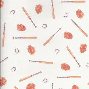 May include: A pattern of baseball equipment including bats, gloves, and baseballs on a white background. The bats are light brown with gray handles and red accents. The gloves are orange-brown, and the baseballs are white with red stitching.
