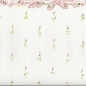 May include: A white background with a pink and green floral pattern. The pattern features small pink flowers with green stems and leaves. The background is a light pink color.
