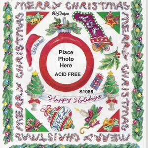 May include: A set of Christmas stickers featuring a red ornament with a space to place a photo, a stocking, a candy cane, a Christmas tree, a bell, a candle, and a trumpet. The stickers are surrounded by a border of candy canes and holly.