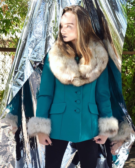 Lilli Ann | 70s Vintage Teal Glam Fur & Knit Jacke