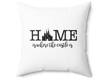 May include: White throw pillow with black text that reads "HOME is where the castle is" with a black silhouette of a castle in the middle of the text.