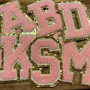 High Quality Chenille Glitter Varsity Letters Patches Iron On Sew Gold Trim in Pink