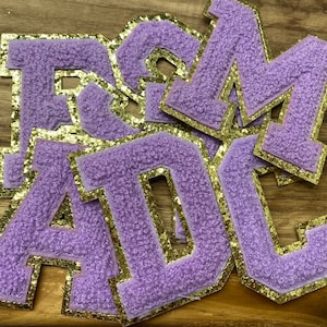 High Quality Chenille Glitter Varsity Letters Patches Sew On ONLY Gold Trim in Purple