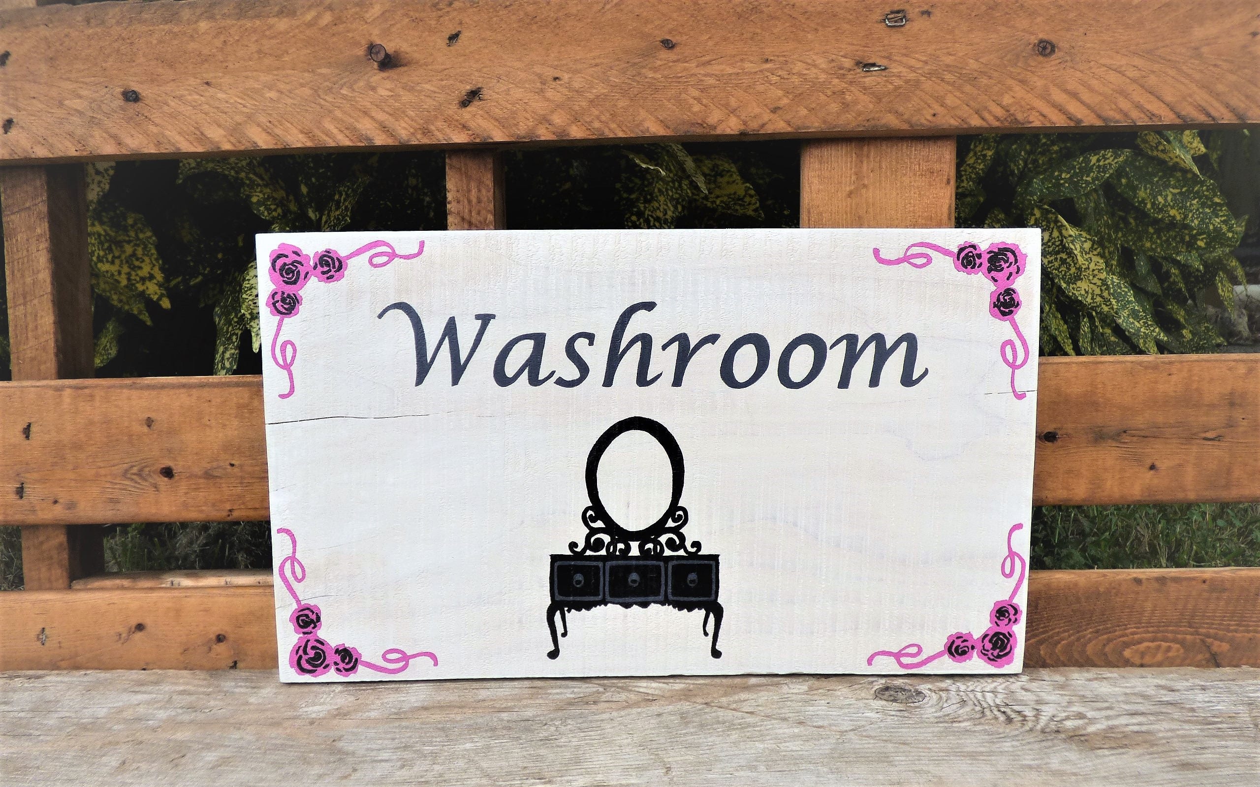 Vintage Washroom/ Wood Bathroom Sign/ Washroom Sign/ Rose | Etsy