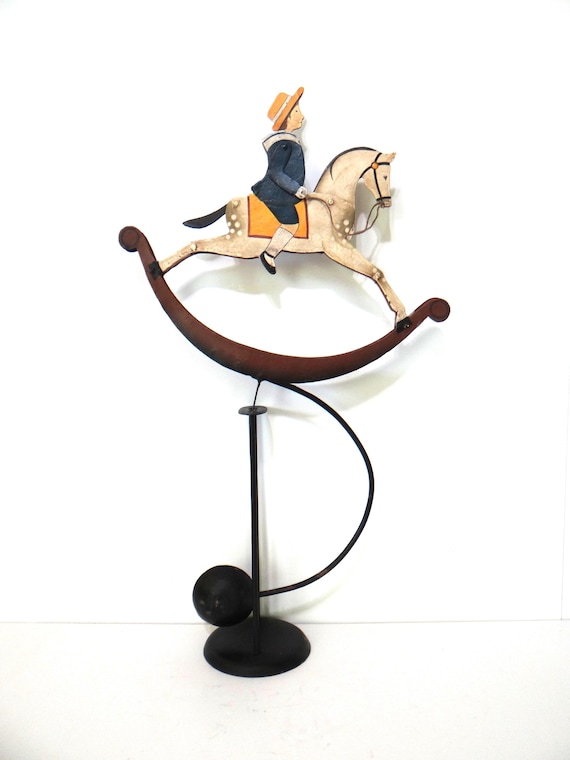 21" Vintage Kinetic Pendulum Rocking Horse and Rider, Balancing Metal Toy Folk Art Sculpture with Moving Parts