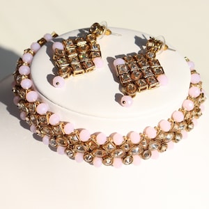 Geometric Floral Light Pink Lavender Beaded Indian Gold Jewelry Set | Necklace Earrings Tikka Maang Gold Plating Kundan Polki Jewellery
