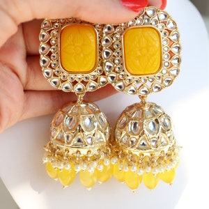 Oval Sunflower Yellow Chandelier Earrings | Jhumkis Earrings | Indian Punjabi Earrings