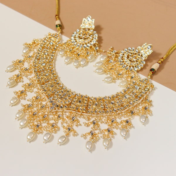 Rain Drop Indian Gold White Jewelry Set | Jhumkis Earrings Set | Necklace Set | Gold Plated Wedding Reception Jewellery Jewelery