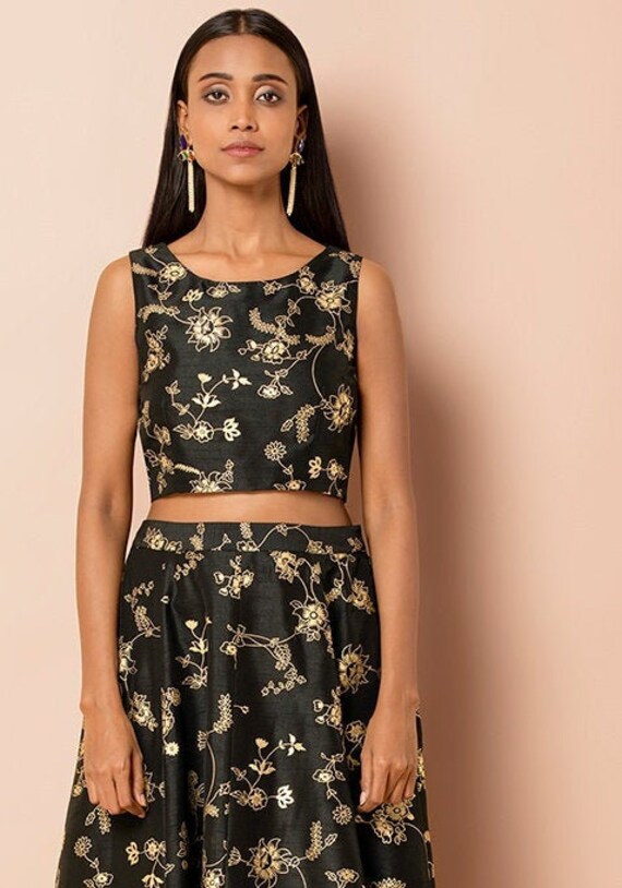 Black Floral Vine Foil Crop Top Indian 
