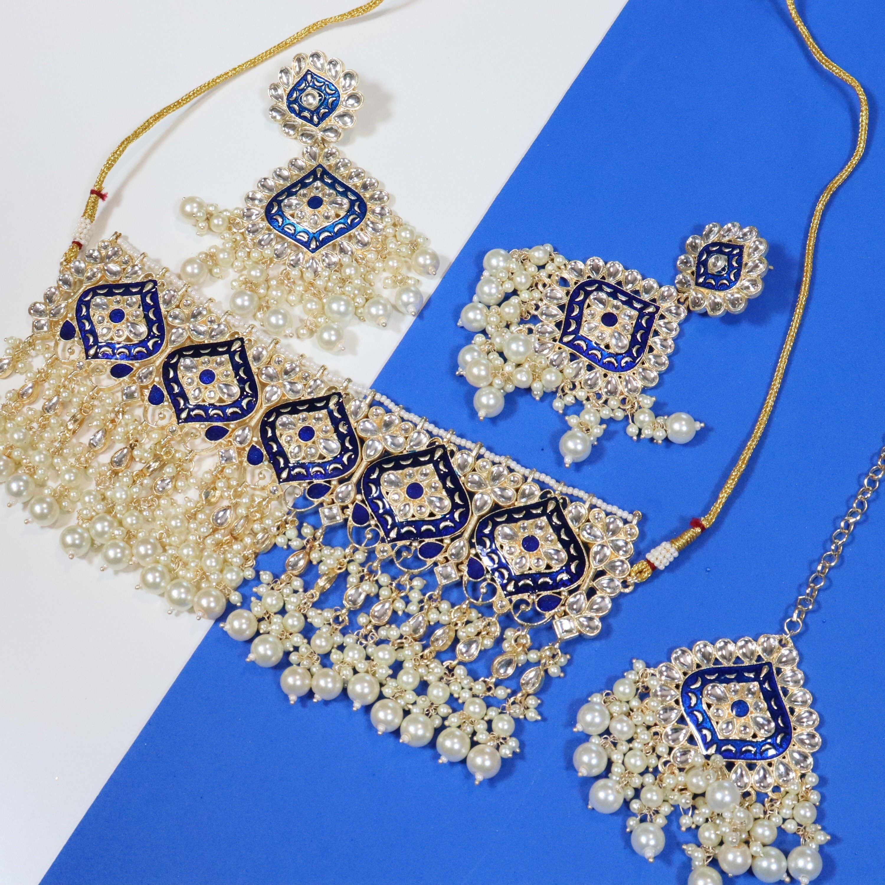 Ravishing Navy Blue Indian Punjabi Earrings Necklace & Tikka