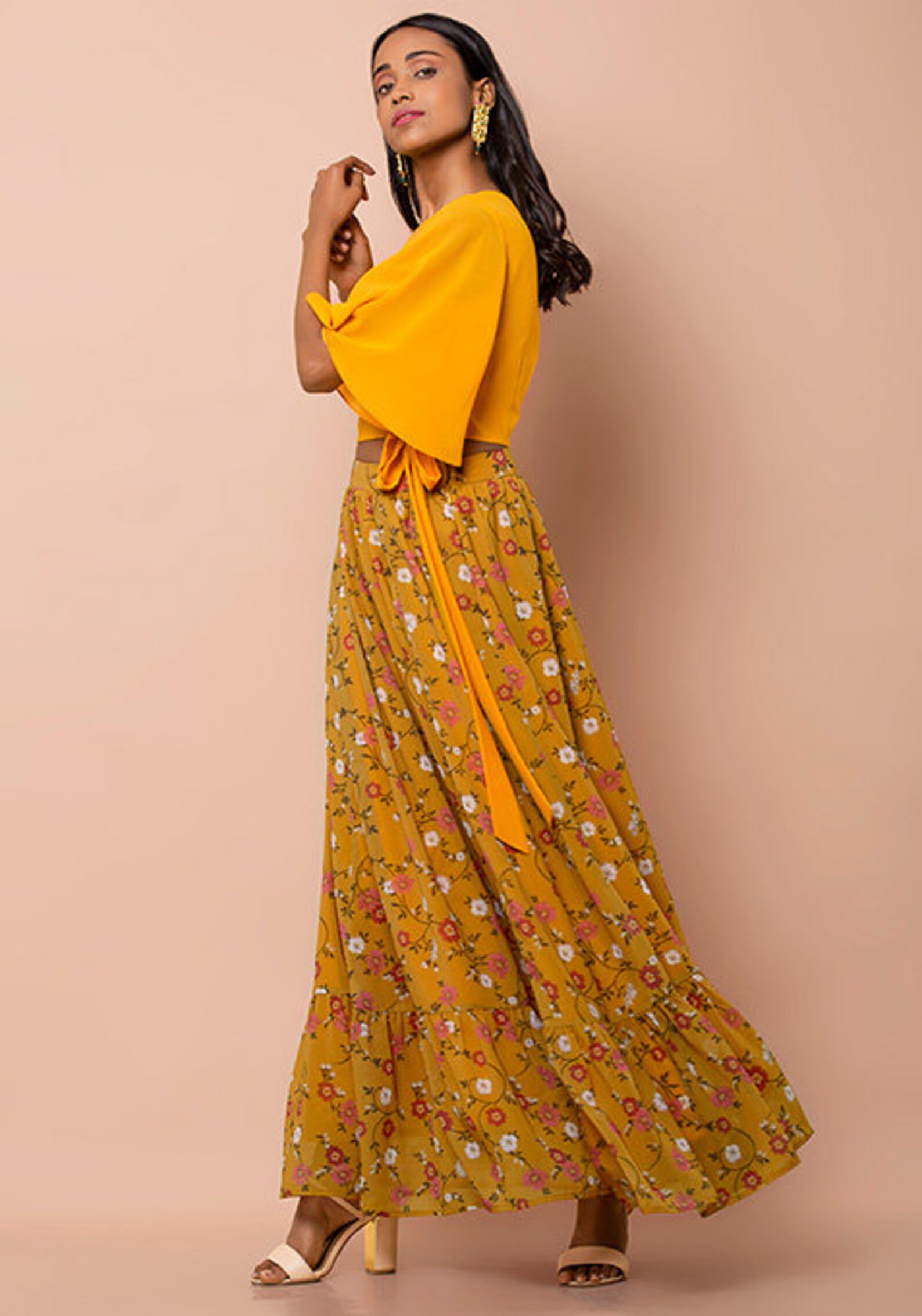 Flowy Mustard Floral Ruffled Maxi Skirt Indian Punjabi | Etsy