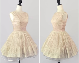Vintage 50s Pink Ivory Lace Prom Party Dress Small Cupcake Full Circle Skirt Mini Swing Chiffon