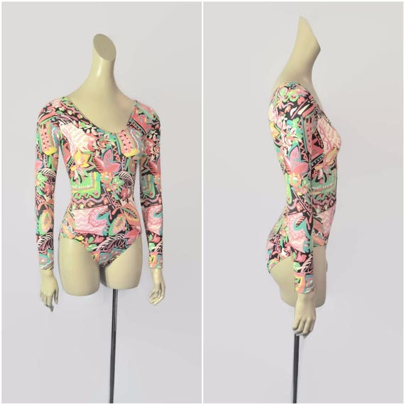Neon Rainbow Bodysuit, 80s 90s, XS Small, Cotton S