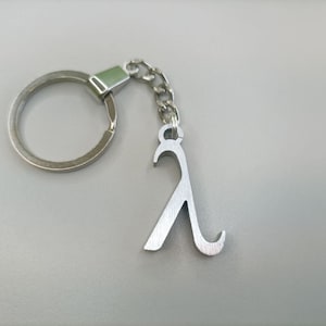 Puede incluir: Llavero de plata con un abridor de botellas con forma de la letra lambda.